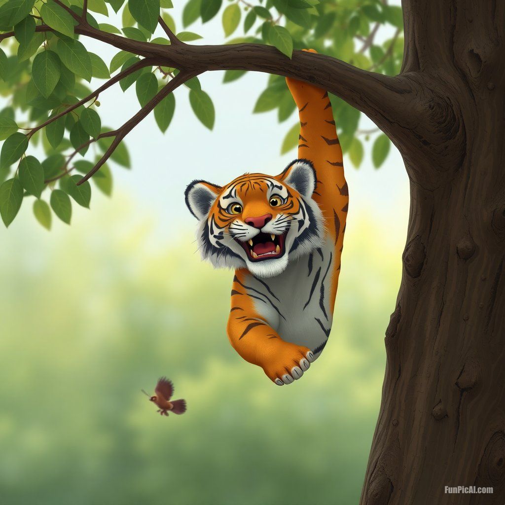A funny tiger hanging in a tree